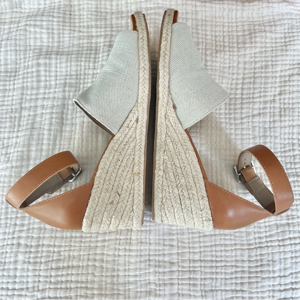 Donald J. Pliner Tan Leather and Cream Canvas Wedge Sandals - Picture 4 of 9